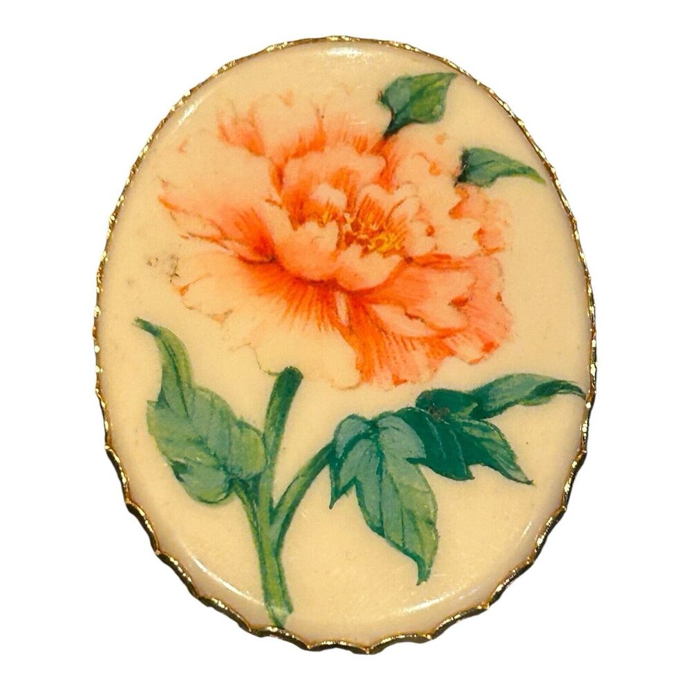 Hallmark Cards Flower Cameo Brooch VTG Oval Pink Peony Pin with Pendant Hook‎